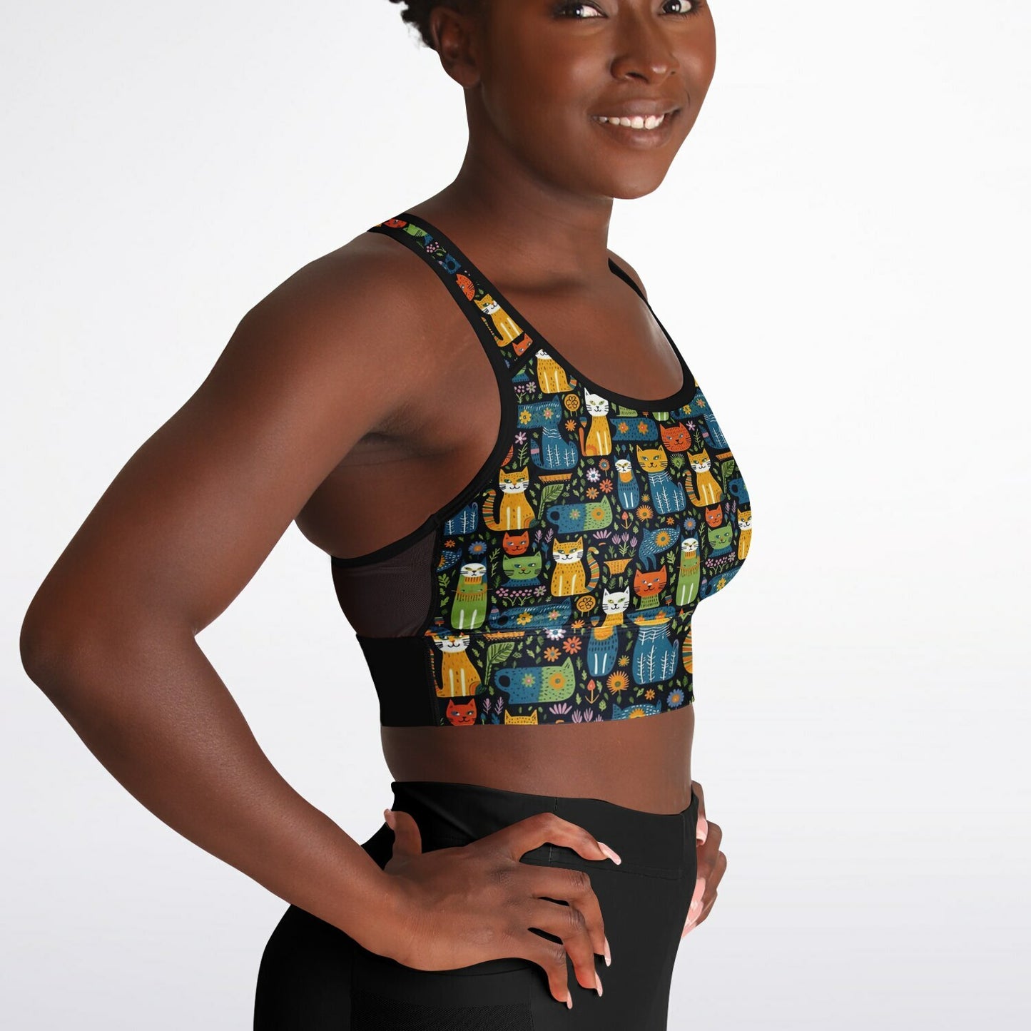 Vibrant Cat Pattern Mesh Padded Sports Bra - Stylish, Supportive, and Eco-Friendly for Active Women