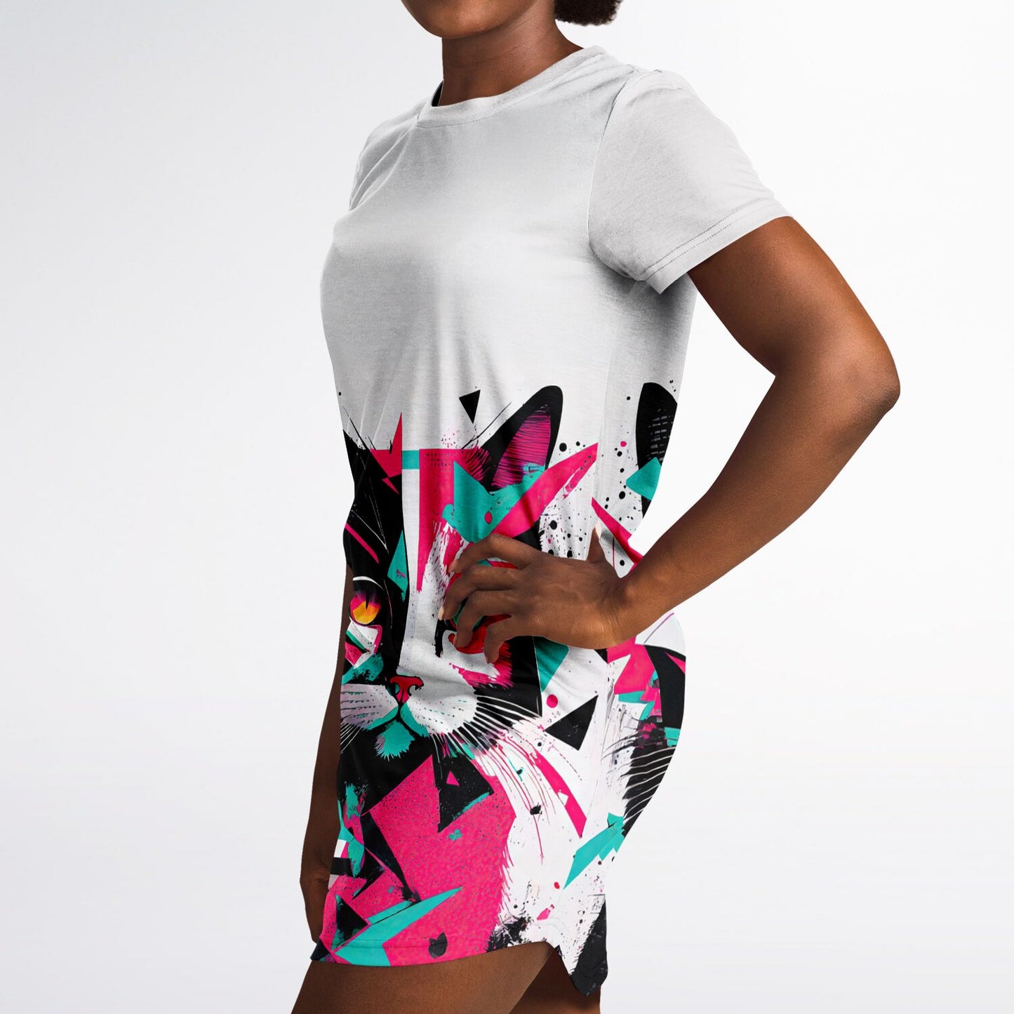 Geometric Feline T-Shirt Dress - Edgy, Vibrant, and Fierce