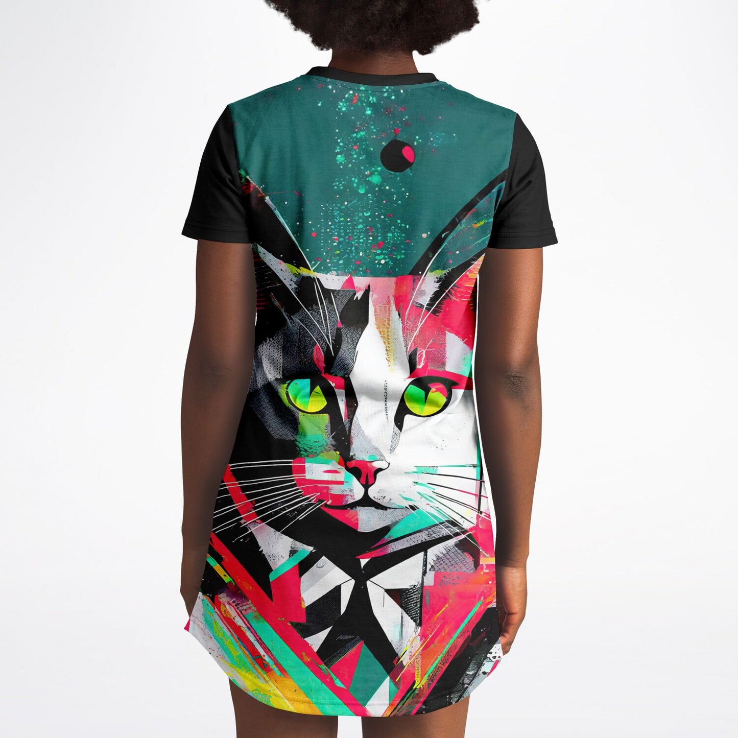 Electric Feline T-Shirt Dress - Vibrant Style, Bold Personality