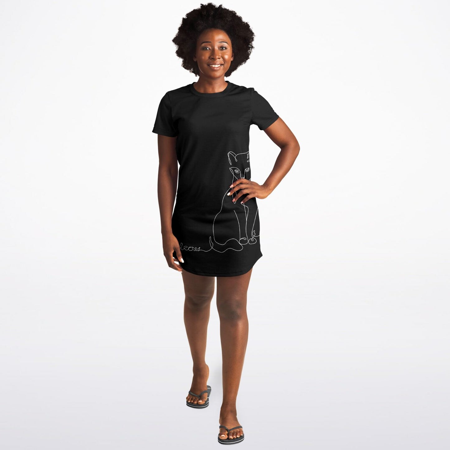 Chic Black Line-Art Cat T-Shirt Dress - Stylish, Comfy, and Timeless