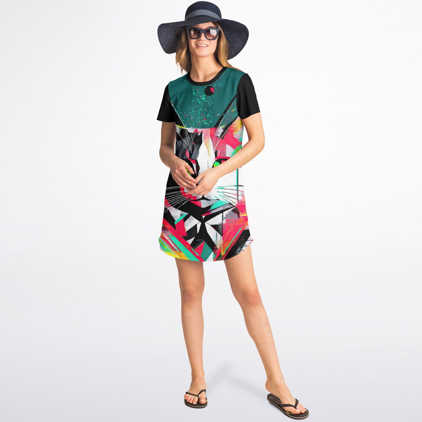 Electric Feline T-Shirt Dress - Vibrant Style, Bold Personality