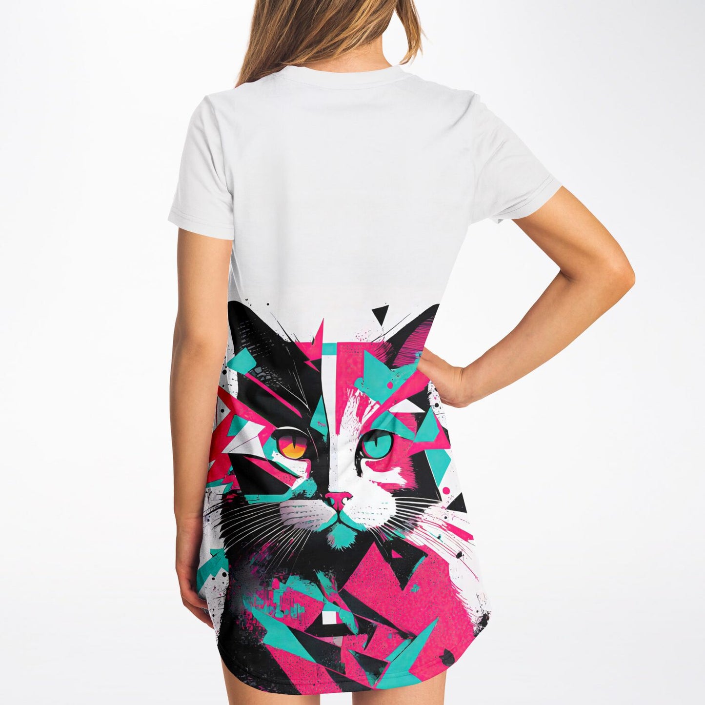 Geometric Feline T-Shirt Dress - Edgy, Vibrant, and Fierce