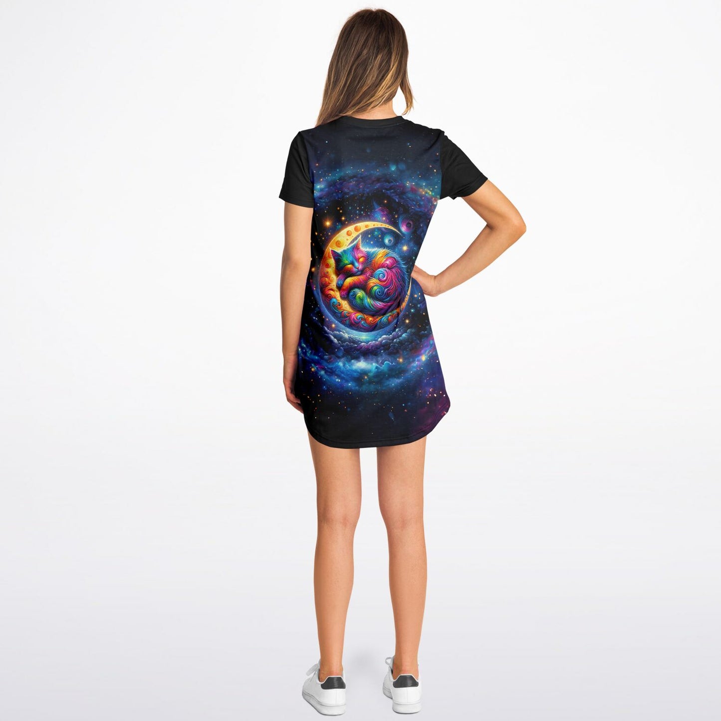 Celestial Cat Dreams T-Shirt Dress - Vibrant, Comfortable, and Out of This World