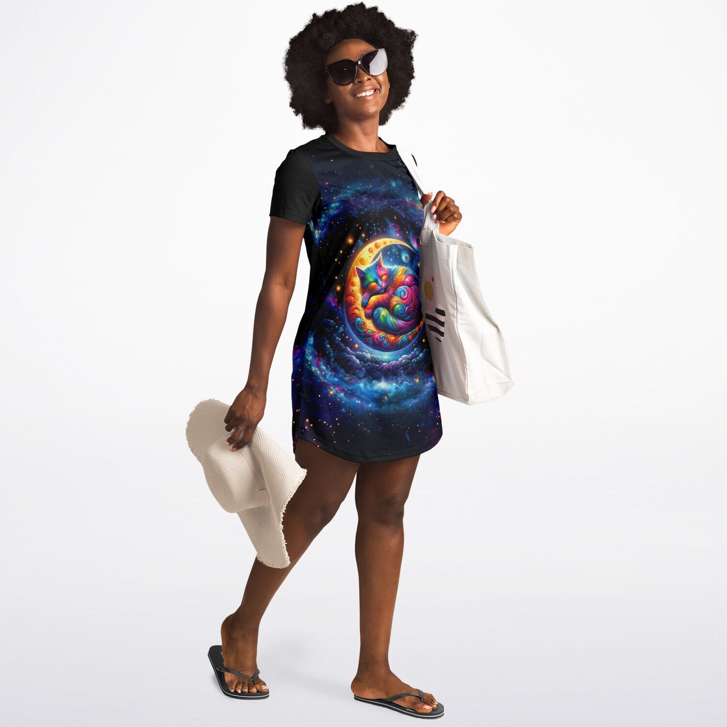 Celestial Cat Dreams T-Shirt Dress - Vibrant, Comfortable, and Out of This World