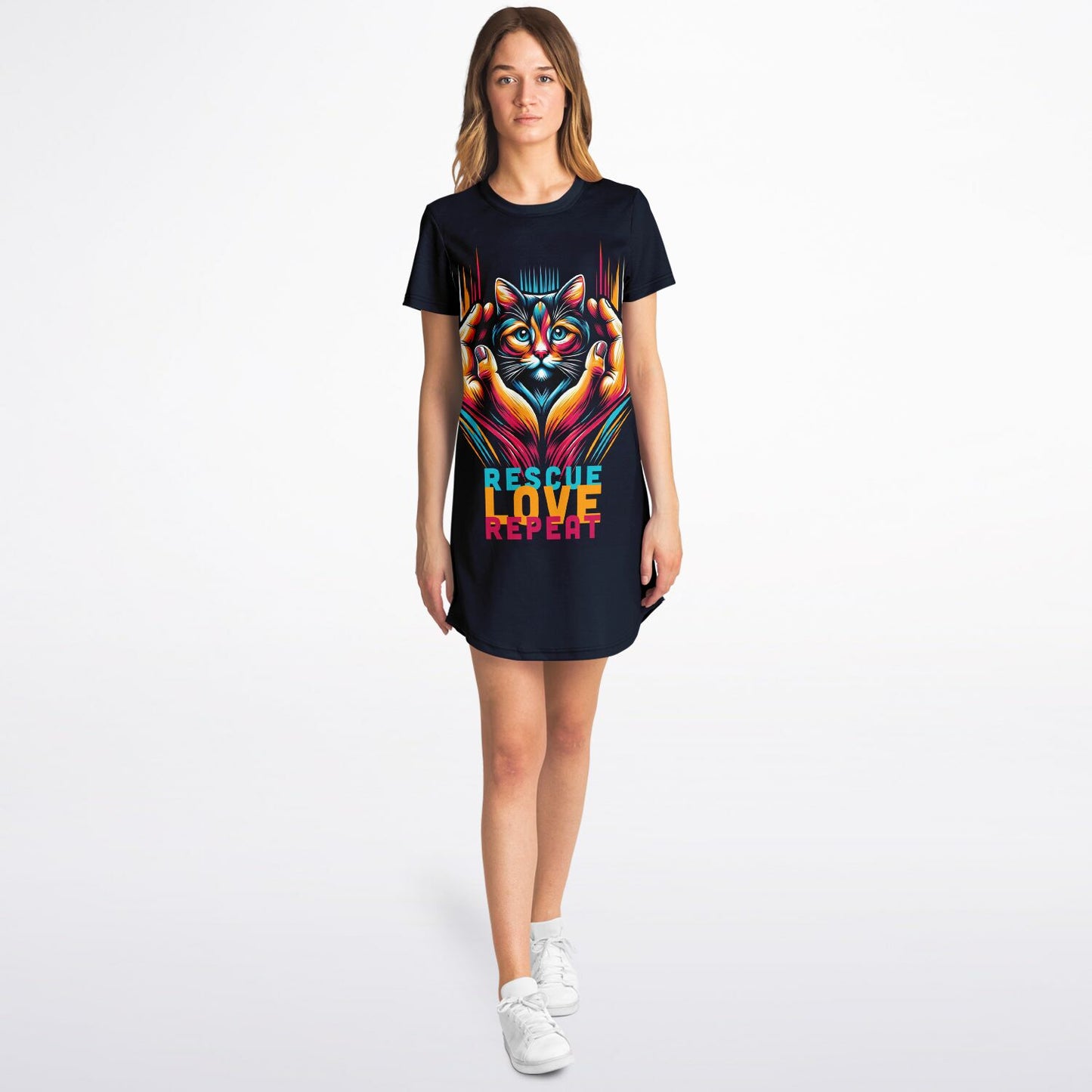 Rescue, Love, Repeat Cat T-Shirt Dress - Fashion with a Heart for Felines