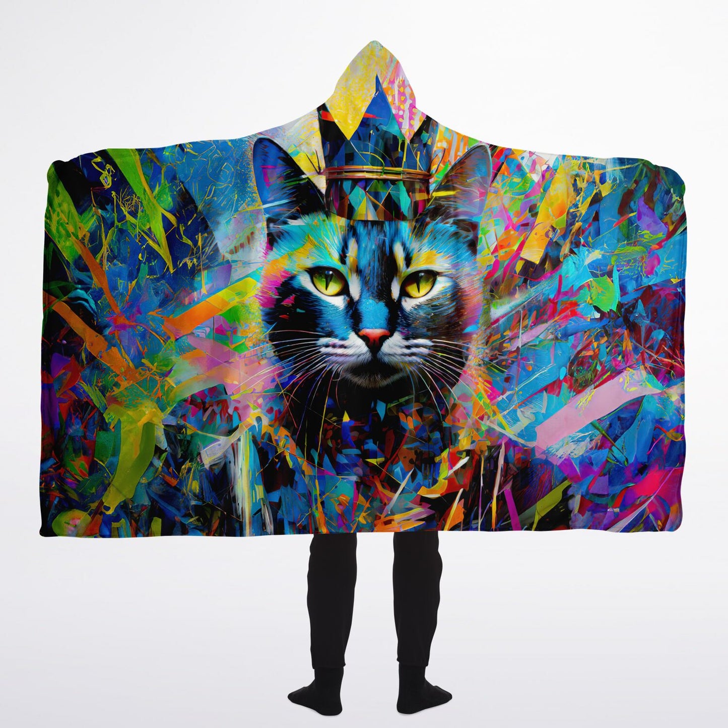 Vibrant Cat Hooded Fleece Blanket - Ultra-Soft and Boldly Unique