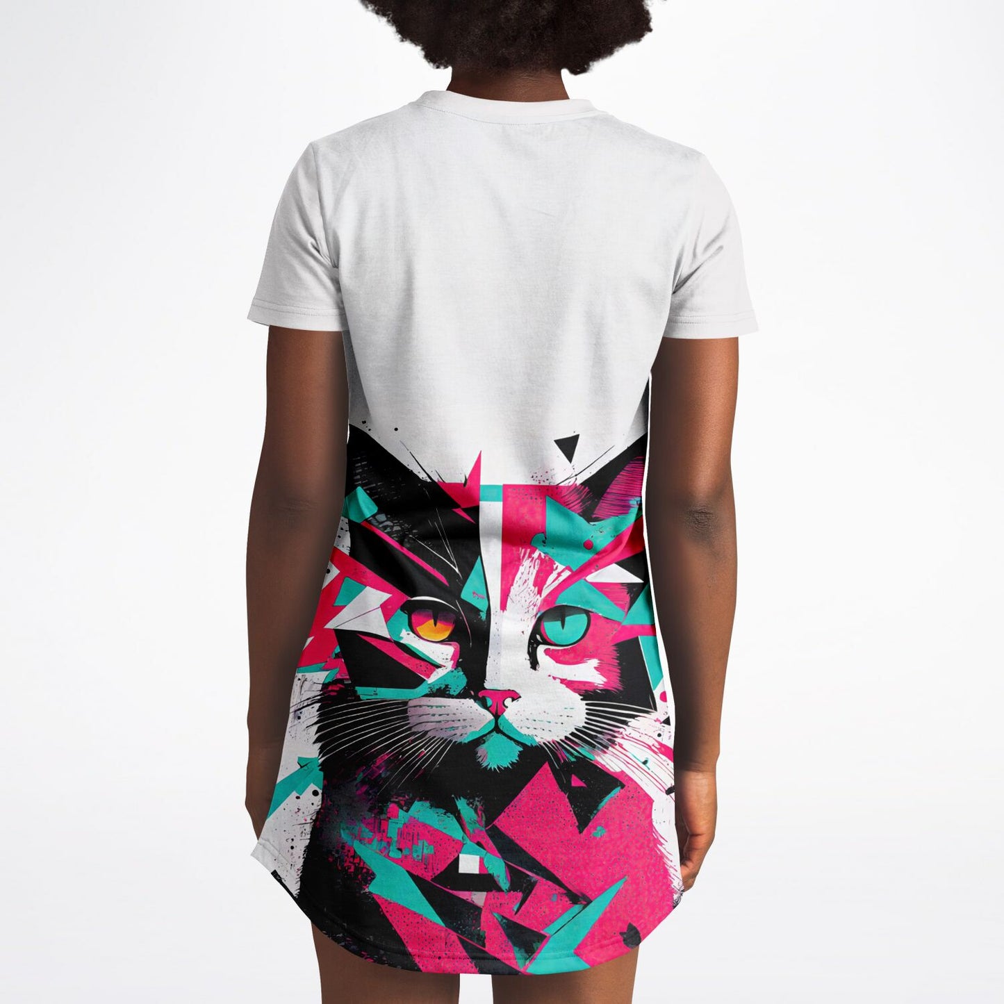 Geometric Feline T-Shirt Dress - Edgy, Vibrant, and Fierce