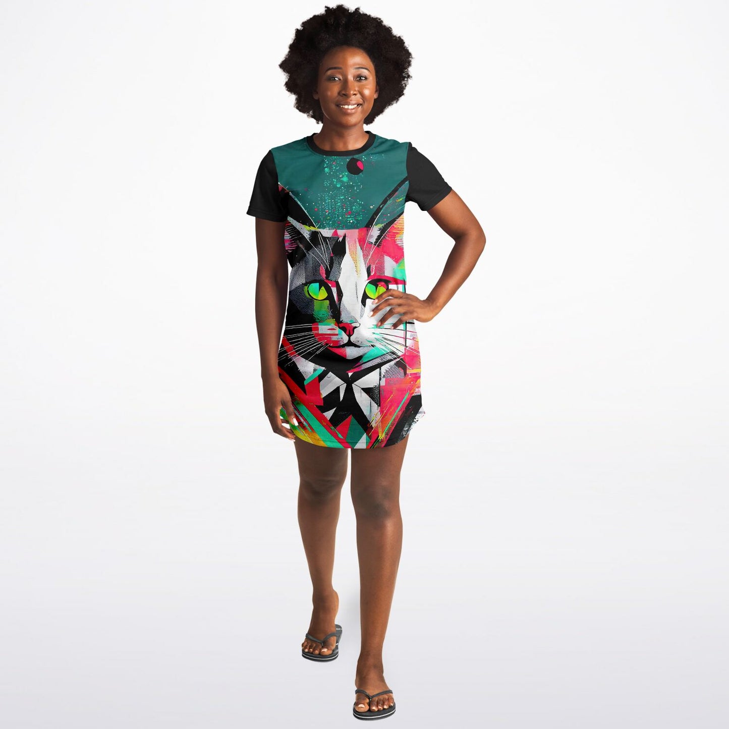 Electric Feline T-Shirt Dress - Vibrant Style, Bold Personality