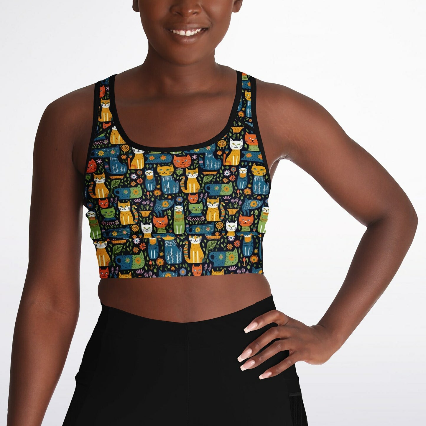 Vibrant Cat Pattern Mesh Padded Sports Bra - Stylish, Supportive, and Eco-Friendly for Active Women