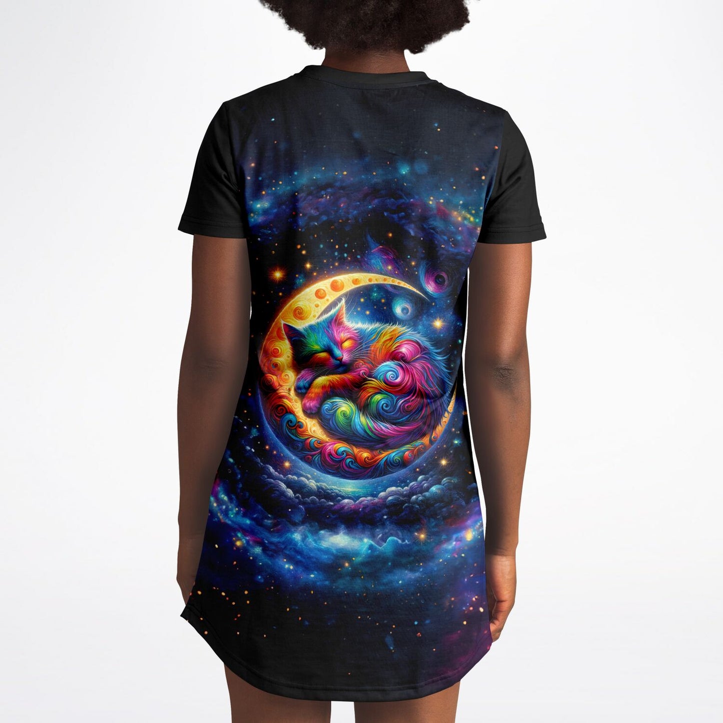 Celestial Cat Dreams T-Shirt Dress - Vibrant, Comfortable, and Out of This World